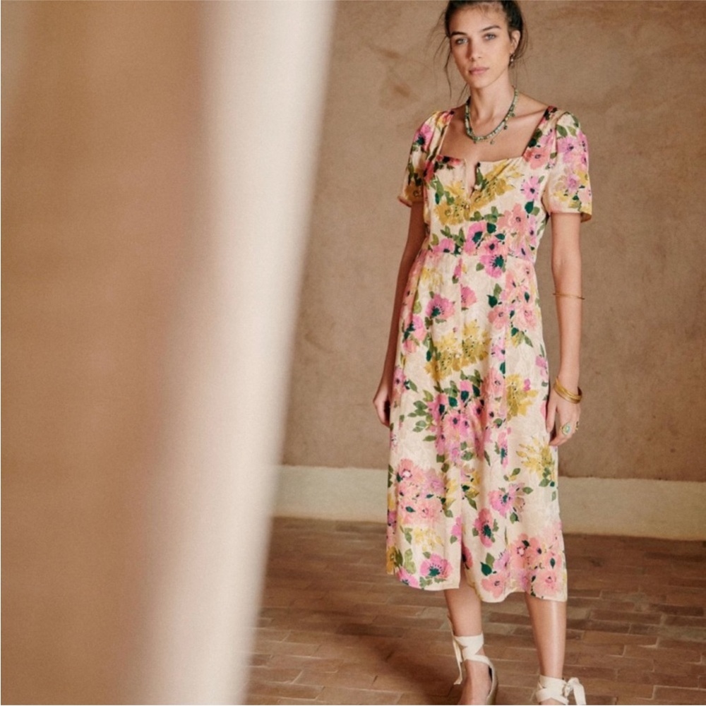 Sezane Pink Floral Midi Dress with Green and Yellow Accents